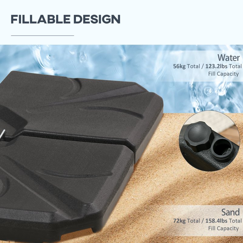 Outsunny Set of 4 Parasol Base Stand Weights for Banana Hanging Cantilever Umbrella, 56kg Water or 72kg Sand Filled, Up to 84kg with Water/Sand Combo Filling, Black