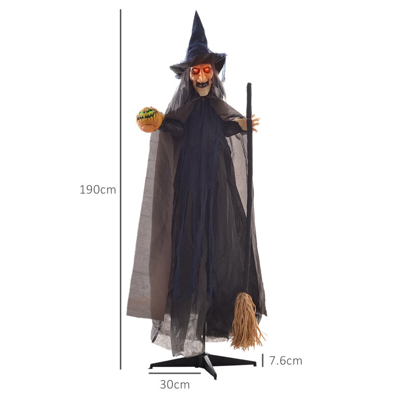 HOMCOM 190cm Witch with Broomstick Outdoor Halloween Decoration, Halloween Animatronic with Sound Activated, Light Up Eyes, Sound Effects, Animated Prop for Haunted House