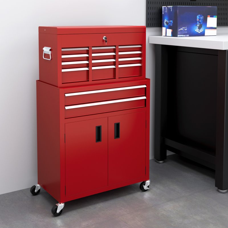 HOMCOM Tool Chest, Metal Tool Cabinet on Wheels with 6 Drawers, Pegboard, Top Chest and Roller Cabinet Combo, 61.6 x 33 x 108cm, Red