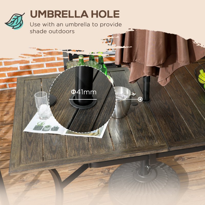 Outsunny Garden Table with Parasol Hole, Outdoor Garden Dining Table with Wood Grain Tabletop and Steel Frame for Patio, Deck, Balcony, Brown, 150 x 96 x 73cm