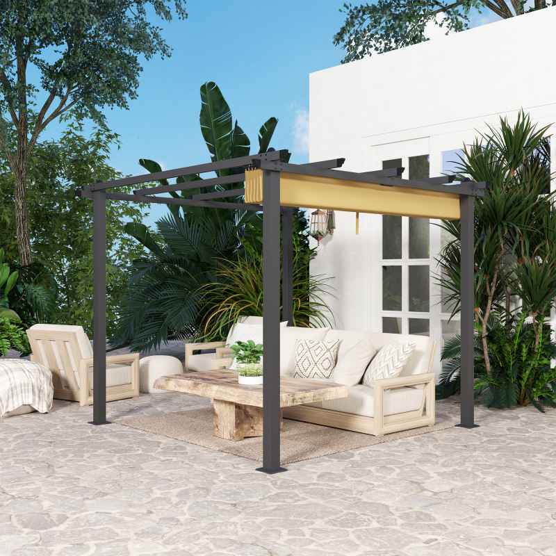 Outsunny 3 x 3(m) Pergola with Retractable Roof, Aluminium Frame Garden Gazebo Canopy Outdoor Sun Shade Shelter for Grill, Patio, Deck, Khaki