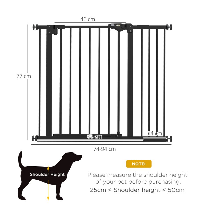 PawHut Dog Gate Stair Gate Pressure Fit Pets Barrier Auto Close for Doorway Hallway, 74-94cm Wide Adjustable, Black