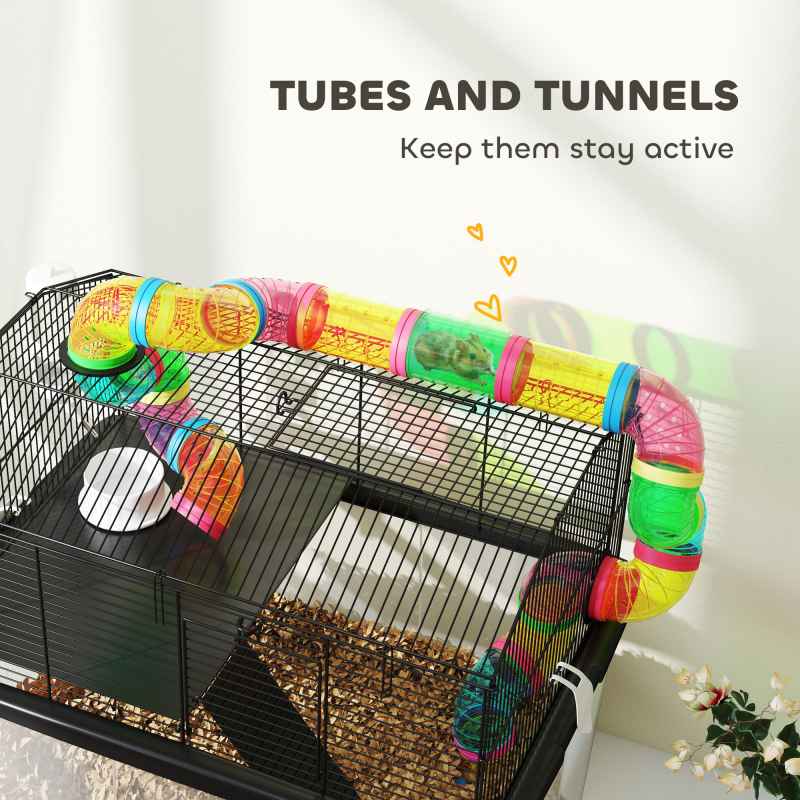 PawHut Hamster Cage, 2 Tier Gerbil Cage with 31cm Deep Tray, Tube System, Water Bottle, Ramp, Feeding Bowl, 58 x 43 x 57cm, Multicoloured