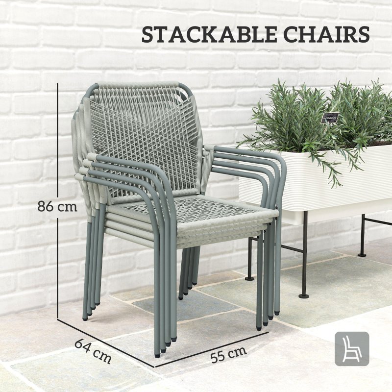 Outsunny 5 Piece Wicker Garden Dining Set, PE Rattan Garden Furniture Set with 4 Stackable Chairs, Tempered Glass Top Table and Cushions, Outdoor Table and Chairs for Patio, Conservatory, Light Grey