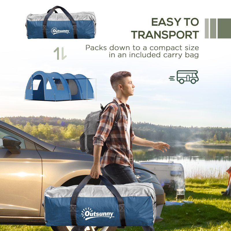 Outsunny 5-6 Man Tunnel Tent, Two Room Camping Tent with Floor, 2 Doors and Carry Bag, 2000mm Water Column for Fishing, Hiking, Sports, Festival, Blue