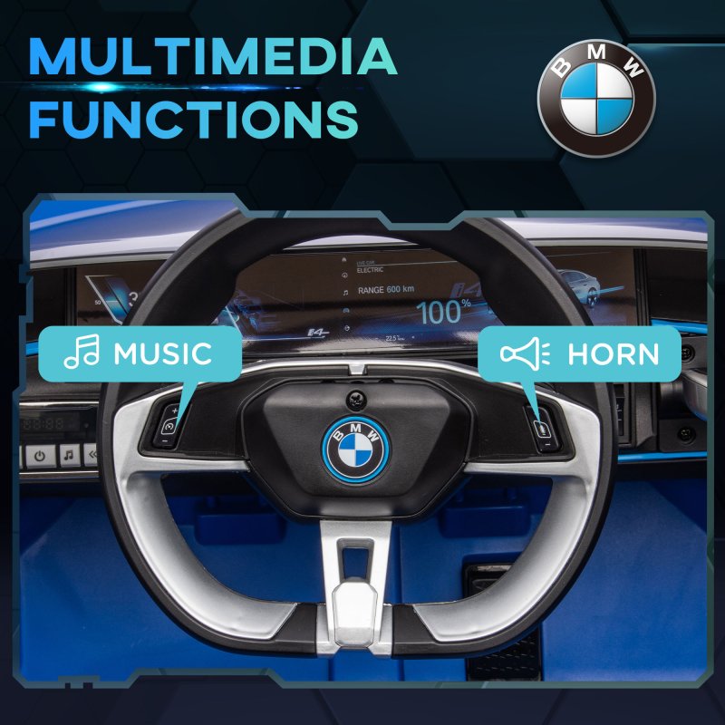 HOMCOM BMW i4 Licensed 12V Electric Car for Kids, Kids Electric Ride-on with Remote Control, Suspension Wheels, Music, Horn, Lights, MP3 Slot, Portable Battery, for Ages 3-6 Years - Blue