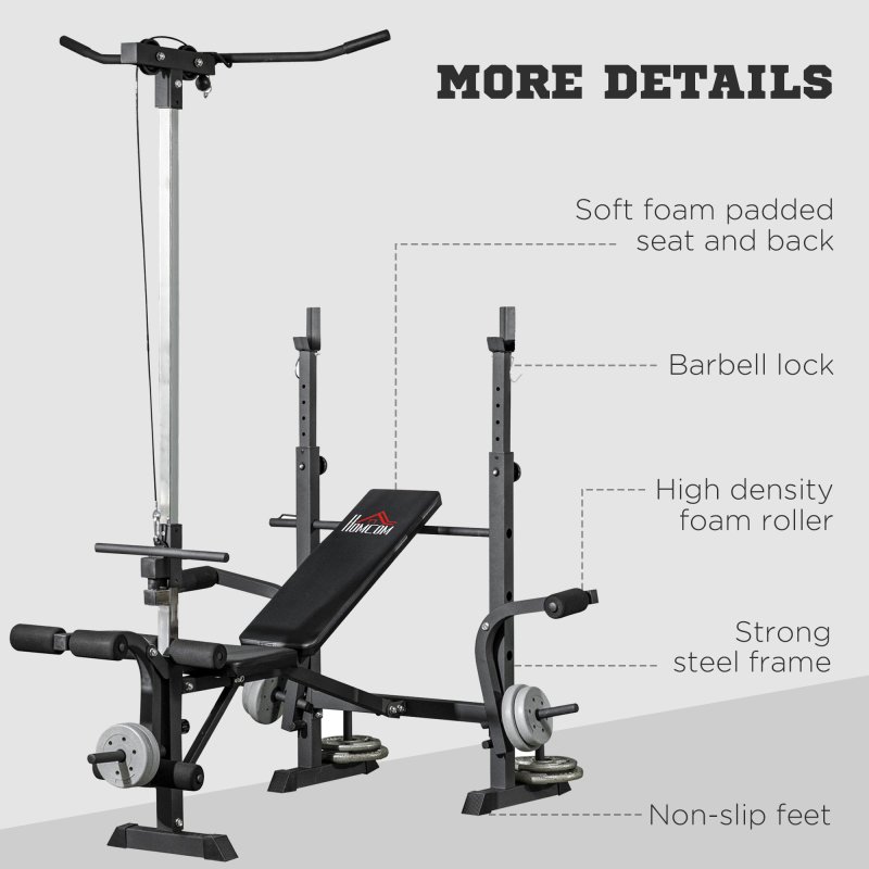 HOMCOM Adjustable Weight Bench with Pulley System, Incline Bench Press Set with Squat Rack, Leg Developer, Butterfly and Weight Storage, for Home Gym Full Body Workout