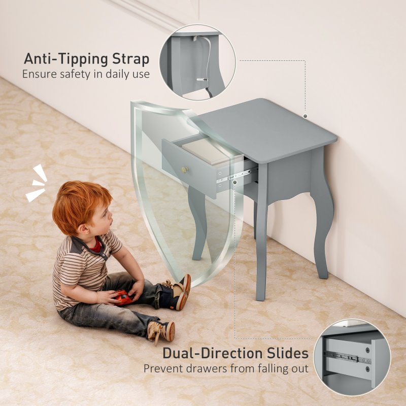 HOMCOM French Style Side Table with Drawer, End Table with Curved Legs, Bedside Table for Living Room, Bedroom, Grey