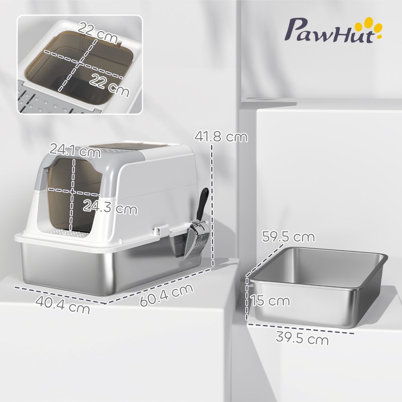 PawHut Stainless Steel Litter Box with Lid, Extra Large Hooded Cat Litter Tray for Big Cats with Front-Entry and Top-Exit, Metal Scoop, Deodorizer Bag, Non-Sticky, Odour Control and Easy Clean