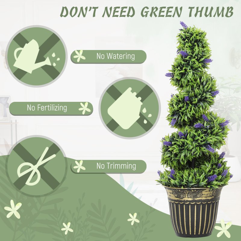 HOMCOM Set of 2 Decorative Artificial Plants, Boxwood Spiral Topiary Tree with Lavender and Pot, Fake Plants for Home Indoor Outdoor Decor, 90cm