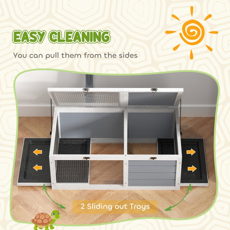PawHut Tortoise House, Wooden Tortoise Enclosure, Tortoise Habitat with Lamp Holder, 2 Pull-Out Trays, Hideaway, Run, for Indoor, Outdoor, Light Grey