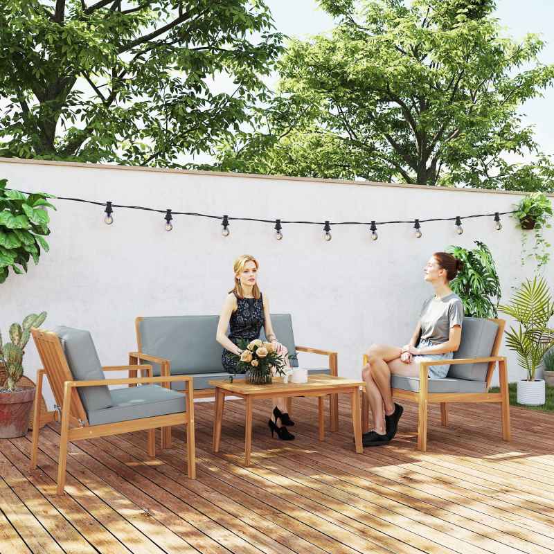 Outsunny 4 Pieces Garden Furniture Set with Cushions, Wooden Garden Sofa Set with 1 Loveseat, 2 Armchairs and 1 Coffee Table, Outdoor Table and Chairs for Conservatory, Balcony, Patio, Teak