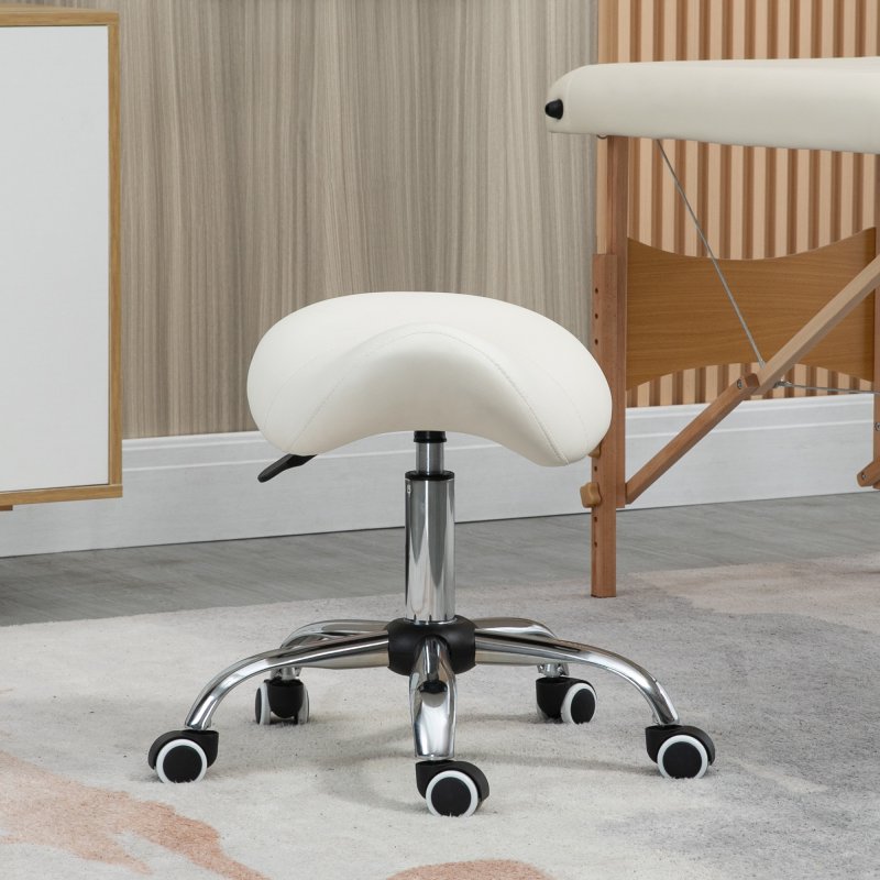 HOMCOM Cosmetic Stool 360?? Rotate Height Adjustable Salon Massage Spa Chair Hydraulic Rolling Faux Leather Saddle Stool Mobility, Cream