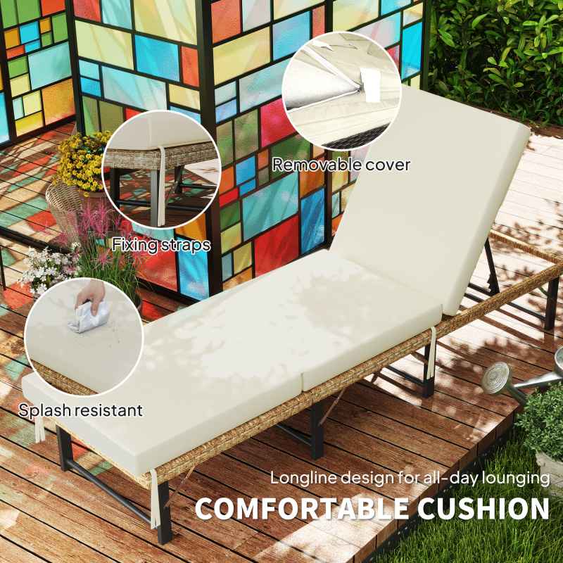 Outsunny Folding Rattan Sun Lounger, 6-Level Adjustable Garden Lounger Recliner with Cushion, Outdoor Reclining Sunbed, Garden Chair with Steel Frame for Patio, Beach, Terrace, Natural