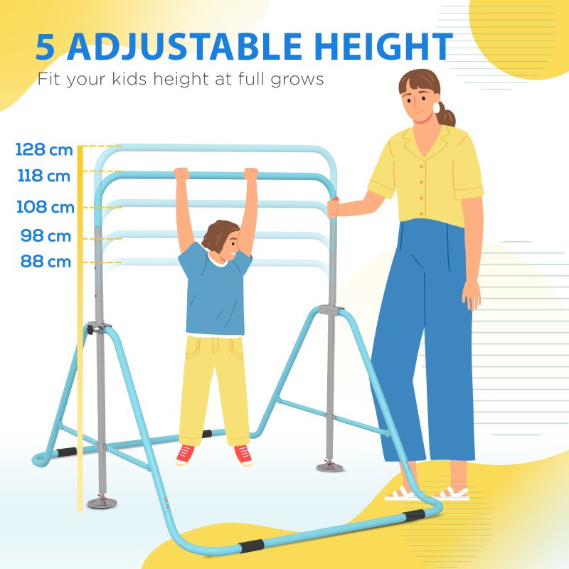 HOMCOM Kids Gymnastic Bar, Foldable Horizontal Bars w/ Adjustable Height, Training Bar w/ Triangle Base - Light Blue