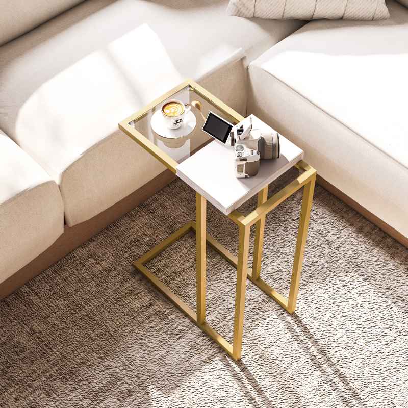 HOMCOM C-Shaped Side Table, Modern Slim End Table with Tempered Glass Tabletop, Steel Frame for Small Space, Living Room, Bedroom, Gold Tone