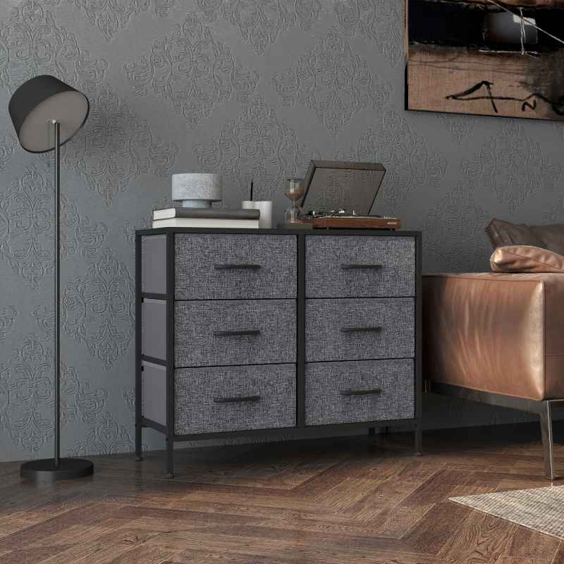 HOMCOM Fabric Chest of Drawers, Storage Drawers, Industrial Bedroom Dresser with 6 Fabric Drawers, Steel Frame and Wooden Top for Nursery, Living Room, Hallway, Black