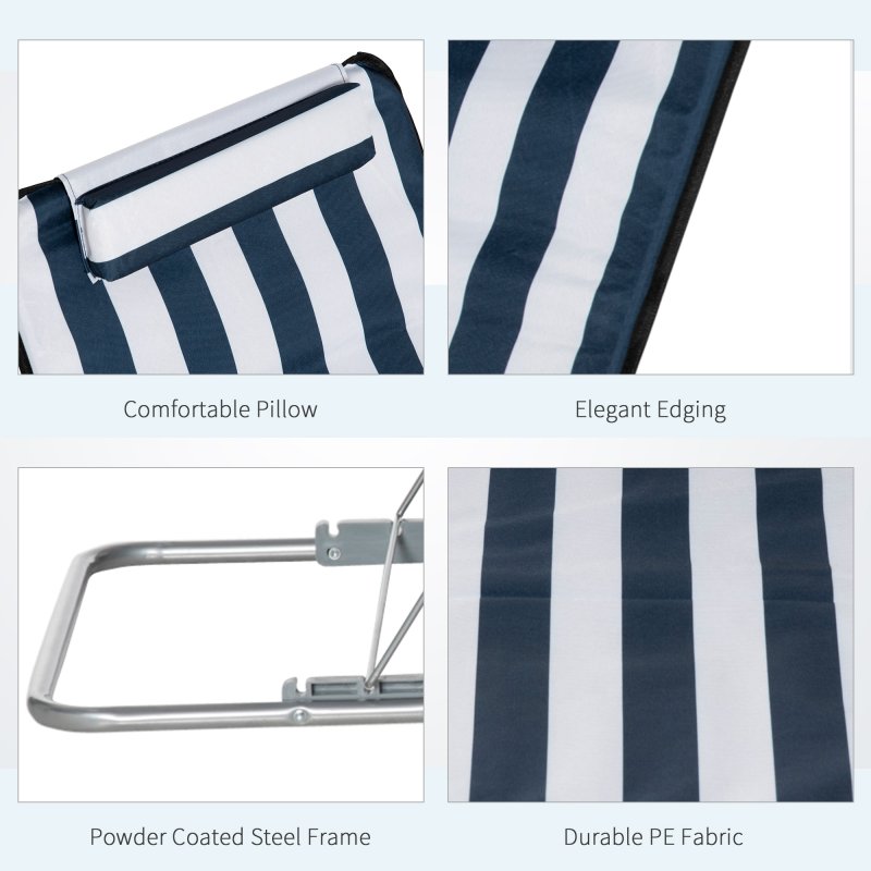 Outsunny Set of 2 Foldable Garden Beach Chair Mat Lightweight Outdoor Sun Lounger Seats Adjustable Back Metal Frame PE Fabric Head Pillow w/ Carry Bag, Blue