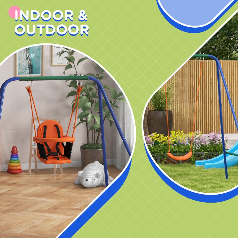Outsunny 2 In 1 Nursery Swing for Toddlers, Kids, Garden Swing Set with Comfortable Seats, Safety Belt for Indoor, Outdoor Play - Blue and Orange