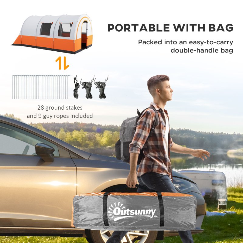 Outsunny 5-6 Man Camping Tent, 3000mm Waterproof Tunnel Family Tent Shelter with Bedroom and Adjustable Living Room, Easy Setup with Carry Bag, Cream and Orange