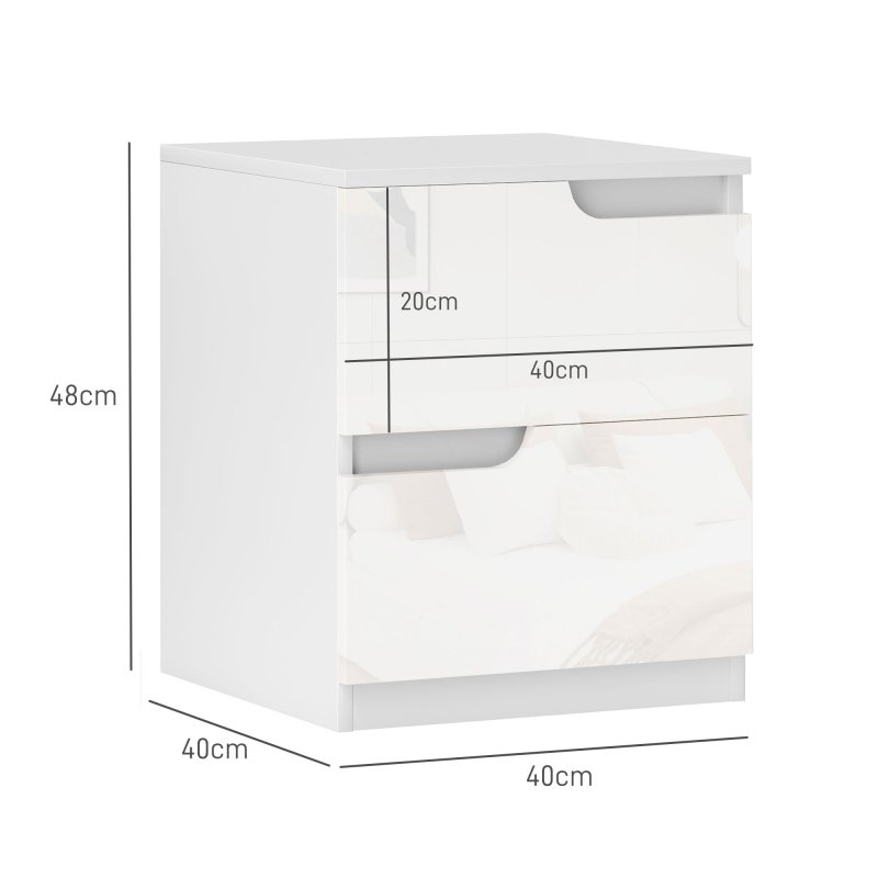HOMCOM Bedside Table, Bedside Cabinet with 2 Drawers, Modern Side Table with Storage for Bedroom, Living Room, High Gloss White