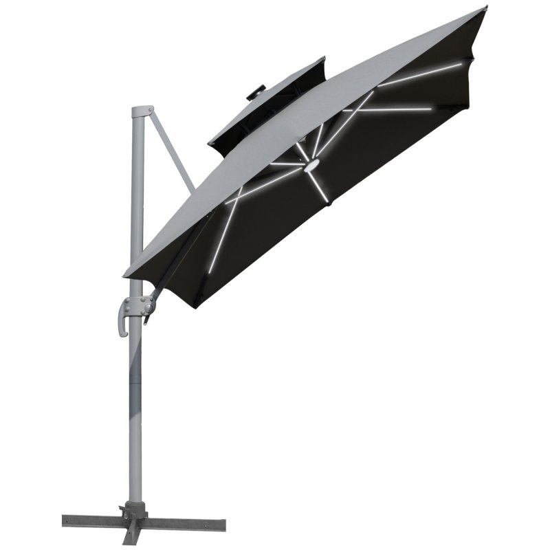 Outsunny 3m Cantilever Roma Parasol, Offset Patio Umbrella, Solar LED Lighted Hanging Sun Shade Canopy 250g Polyester SunShade with Aluminium Frame, Tilt & Crank Handle, Cross Base for Lawn, Grey