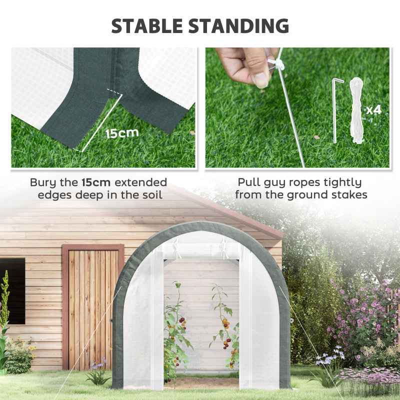 Outsunny 3 x 2(m) Walk-in Polytunnel Greenhouse with Upgraded Structure, Zipped Roll Up Mesh Door, 6 Mesh Windows, Tunnel Warm House Tent with PE Cover, 6 Plant Labels and Gloves, White