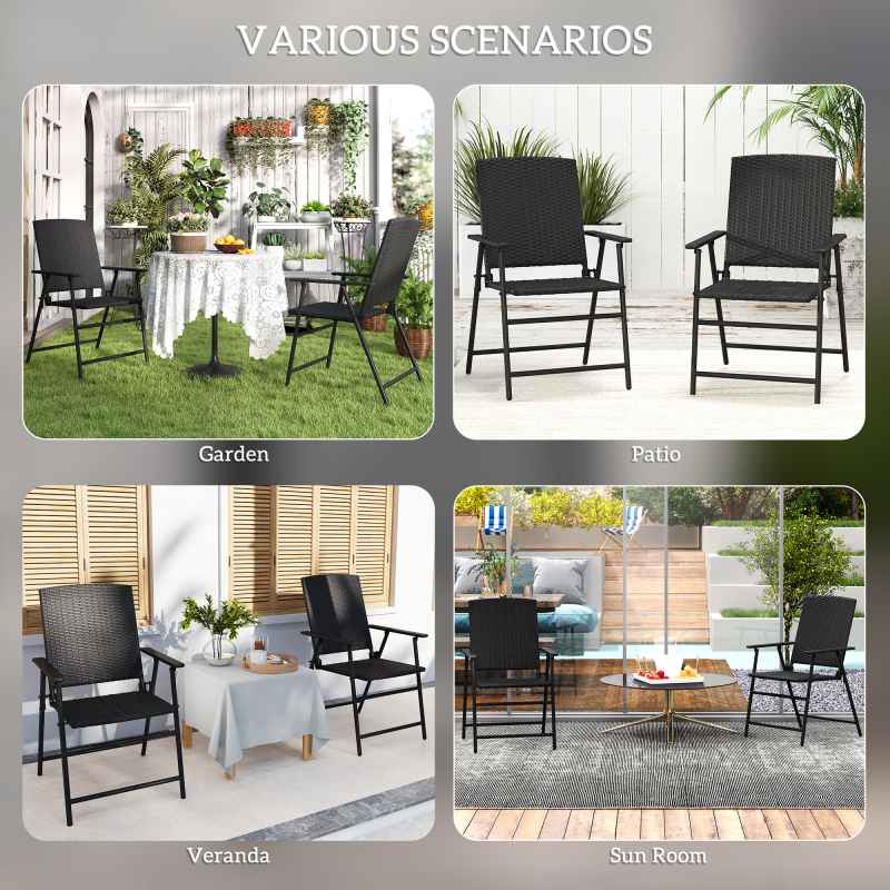Outsunny Folding Garden Chairs Set of 2, PE Rattan Garden Dining Chairs with Armrests, High Back and Steel Frame, Weather Resistant Outdoor Dining Furniture for Patio, Balcony, Black