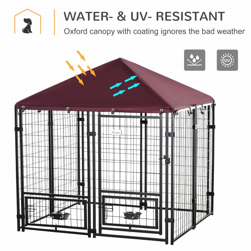 PawHut Outdoor Dog Kennel with Rotating Bowl Holders, Dog Run with Water and UV-Resistant Cover for Medium & Small Dogs, Red