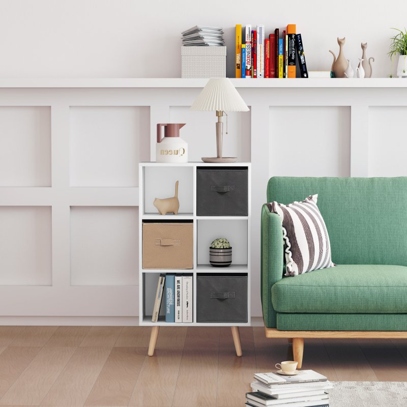 HOMCOM Freestanding 6 Cube Storage Cabinet Unit w/ 3 Fabric Drawers Handles Home Office Organisation Shelves Furniture