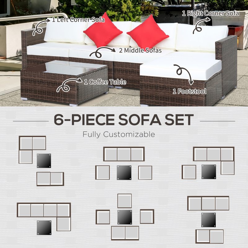 Outsunny 6 Pieces Rattan Garden Furniture Set, 5 Seater Sectional Garden Corner Sofa Set with Glass Top Coffee Table, Cushions and Pillows, All-Weather Wicker Conversation Furniture, Cream White