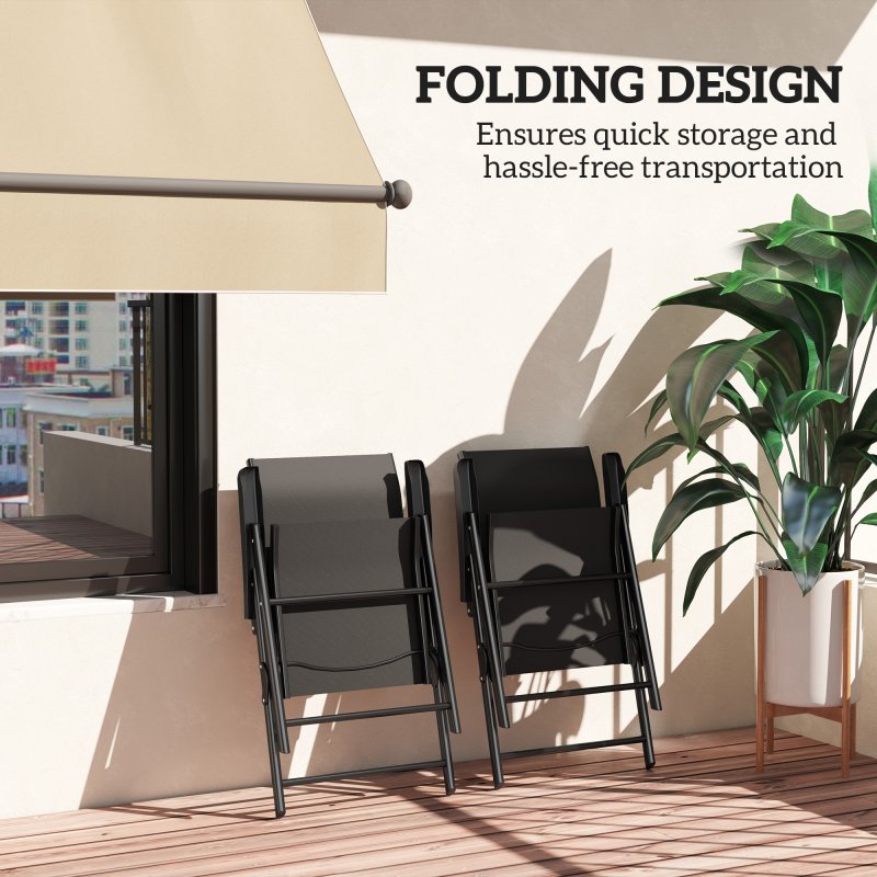 Outsunny Set of 2 Folding Chair, Garden Chair Set with Breathable Mesh Back and Seat, Outdoor Camping Chairs with Armrests, Steel Frame for Deck Balcony, Black