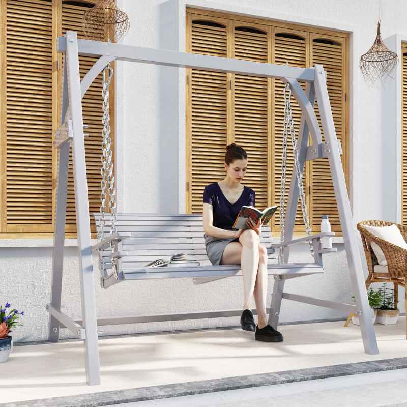 Outsunny 2 Seater Garden Swing Seat, Wooden Swing Chair Bench with Cup Holders for Outdoor Porch Patio, Grey