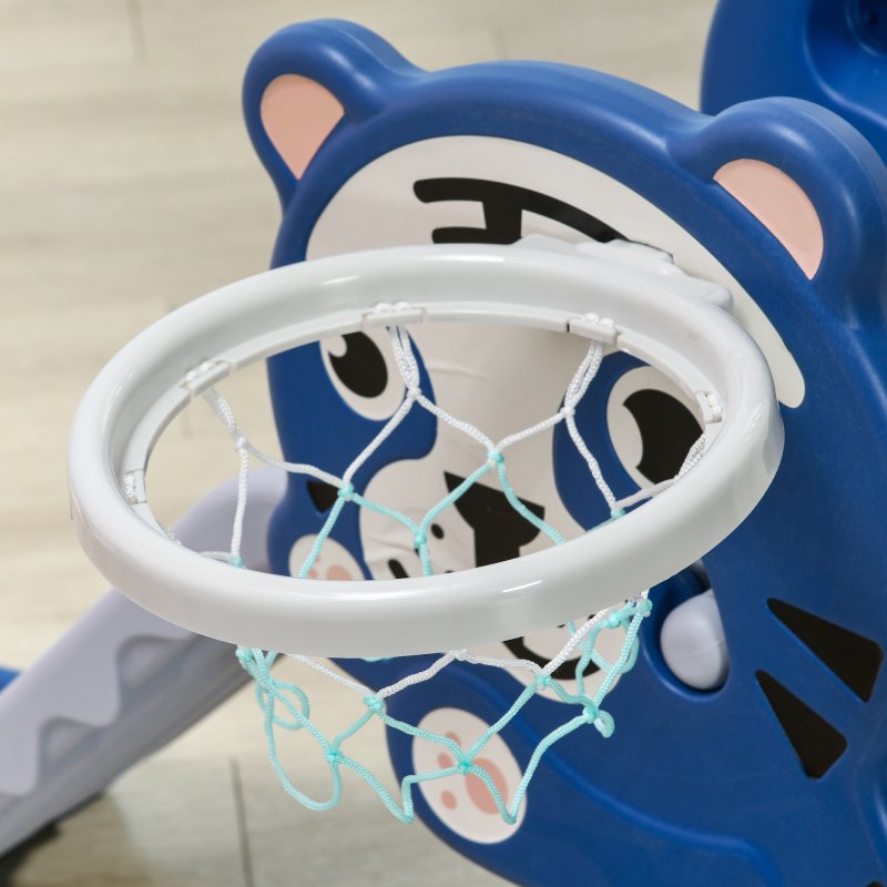 AIYAPLAY Kids Slide 3 in 1 Freestanding Toddler Slide with Climber, Basketball Hoop, Basketball, Tiger-Themed for Ages 18-36 Months - Blue
