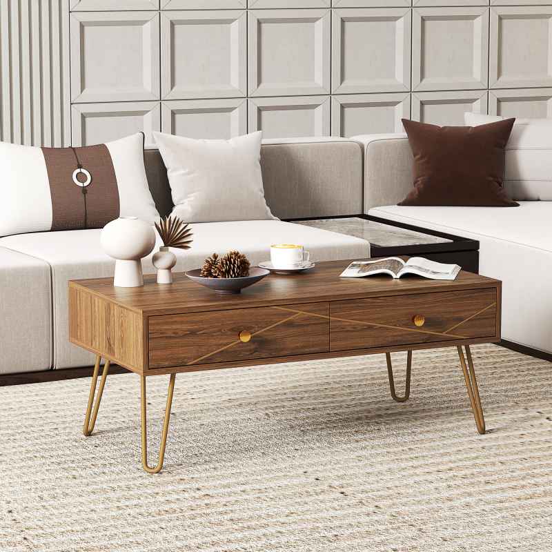 HOMCOM Coffee Table with Storage, Living Room Table with Drawers, Rectangular Tea Table with Steel Base for Home, 100 x 50 x 41 cm, Brown