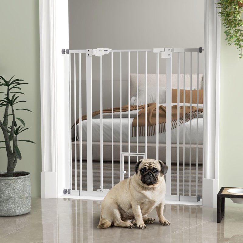 PawHut Extra Tall Dog Gate with Cat Flap, Pet Safety Gate for Doorways Stairs with Auto Close Double Locking, 104 cm Tall 74-101 cm Wide, White