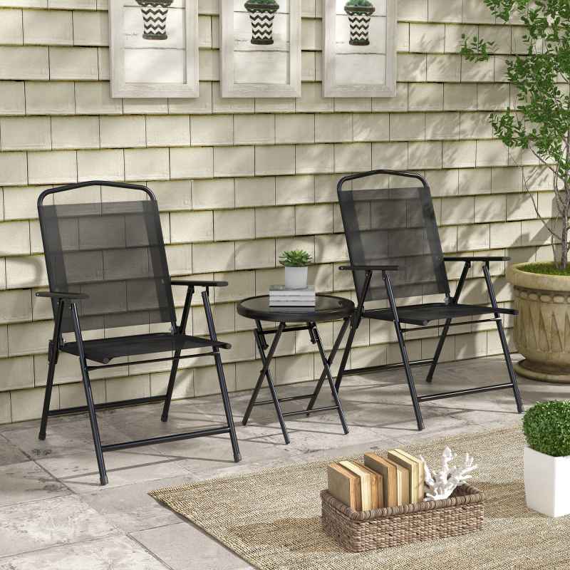 Outsunny Garden Bistro Set, 3 Pieces Table and Chairs Set, Outdoor Garden Furniture with Foldable Breathable Mesh Fabric Armchairs & Glass Top Coffee Table, Black
