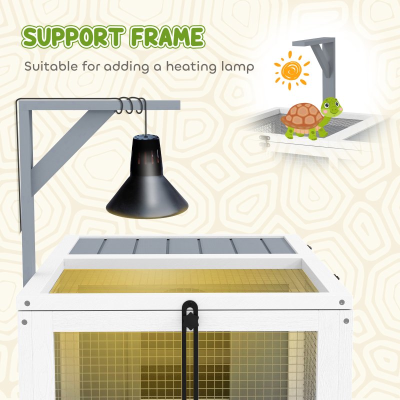 PawHut Tortoise House, Wooden Tortoise Enclosure, Tortoise Habitat with Lamp Holder, 2 Pull-Out Trays, Hideaway, Run, for Indoor, Outdoor, Light Grey