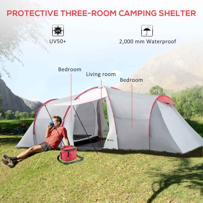 Outsunny 4-6 Man Tunnel Tent with 2 Bedroom, Living Area and Vestibule, Large Camping Tent, 2000mm Waterproof, UV50+, Portable with Bag, for Fishing Hiking Festival, Grey and Red