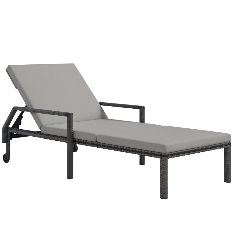 Outsunny Outdoor PE Rattan Sun Lounger, 5-Level Adjustable Backrest Wicker Outdoor Chaise Recliner, Garden Chair with 2 Wheels, Grey