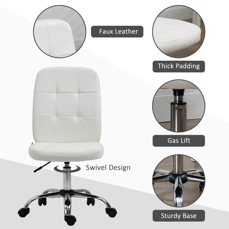 Vinsetto Armless Office Chair, Faux Leather Desk Chair with Adjustable Height, Button Tufted, White