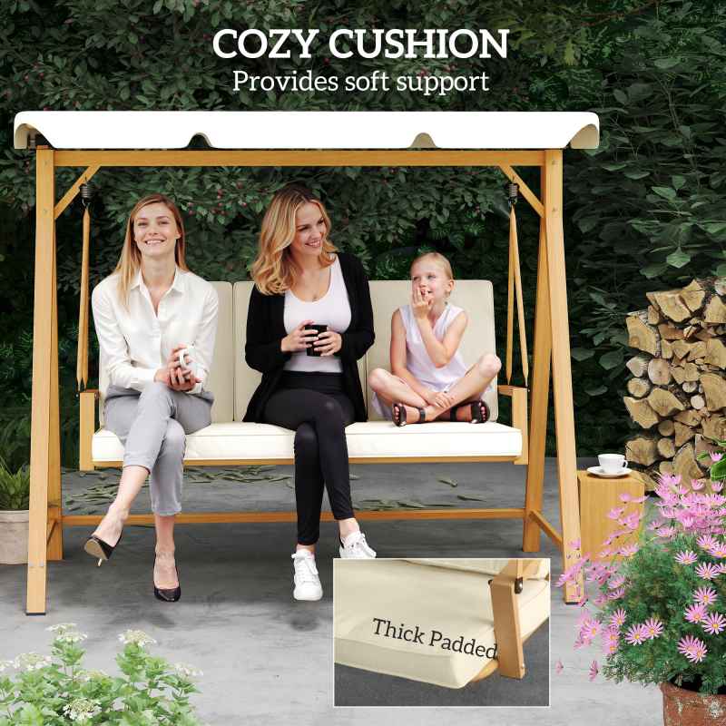 Outsunny 3 Seater Garden Swing Seat with UPF30+ Adjustable Canopy, Swing Chair with Cushion, Outdoor Hammock Bench for Balcony Patio, Beige