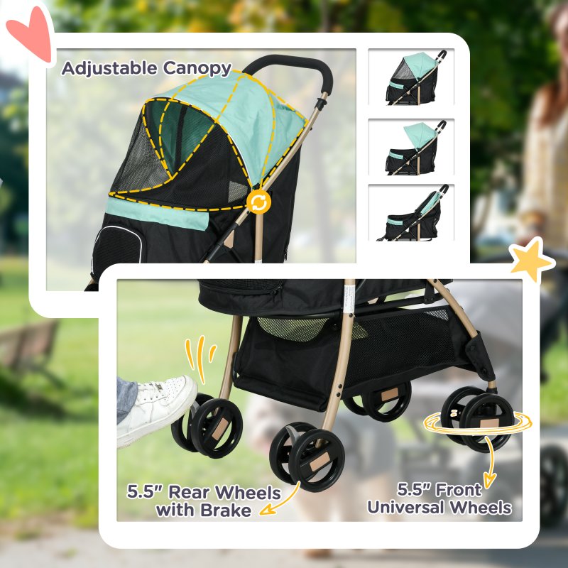 PawHut Dog Stroller with Rain Cover, Foldable Dog Pram, 4 Wheels Pet Pushchair with Safety Leashes, for Small, Miniature Dogs, Cats - Green