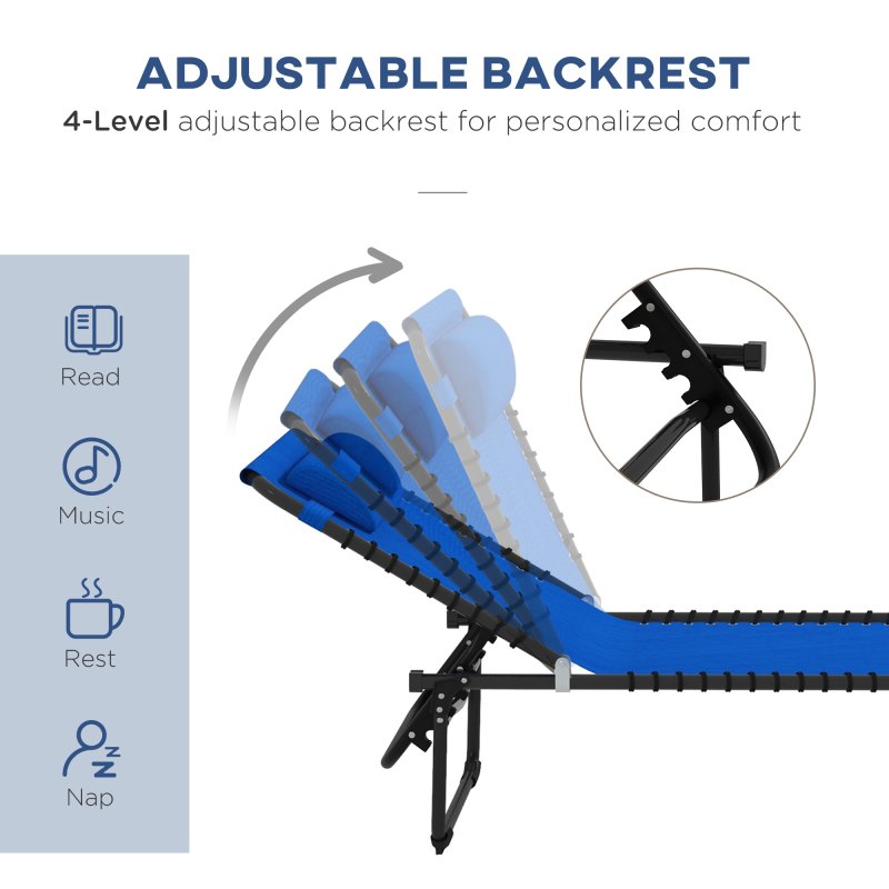 Outsunny 2 Piece Foldable Sun Loungers, Outdoor 4 Level Adjustable Backrest Reclining Chaise Chairs, Steel Frame Recliner Chair for Camping, Hiking, Navy Blue