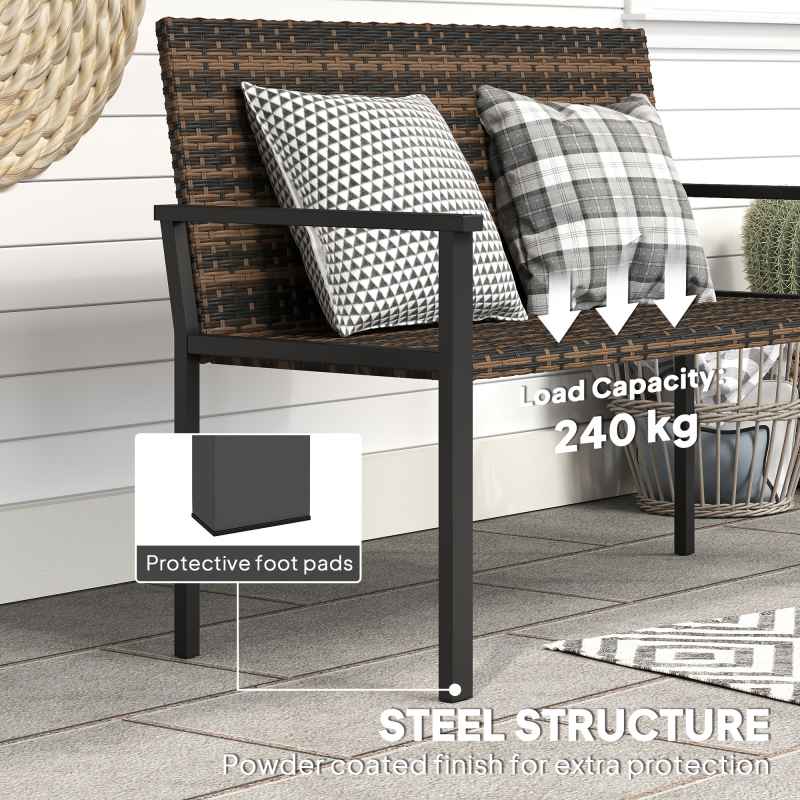 Outsunny 2 Seater Rattan Garden Bench, Outdoor Bench with Quick-Drying Cotton Padding, Wicker Garden Loveseat with Armrests, Steel Frame for Patio, Park, Mixed Brown