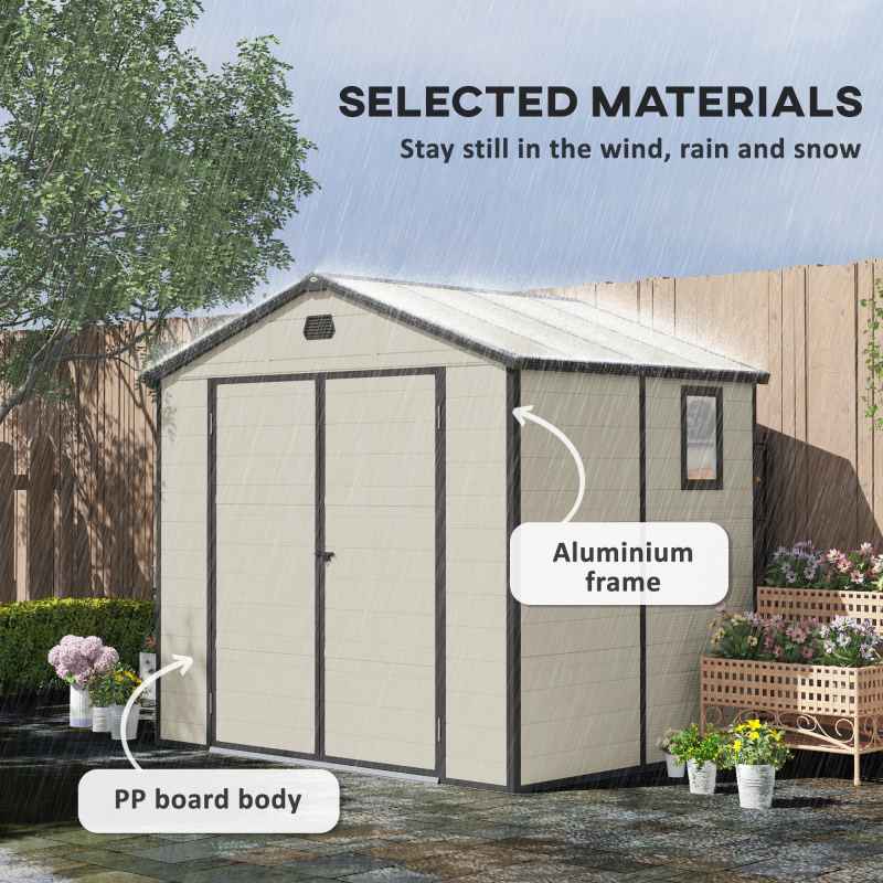 Outsunny 8 x 6ft Plastic Garden Storage Shed with Foundation Kit, Polypropylene Outdoor Storage Tool House with Ventilation Slots and Lockable Door, Cream White