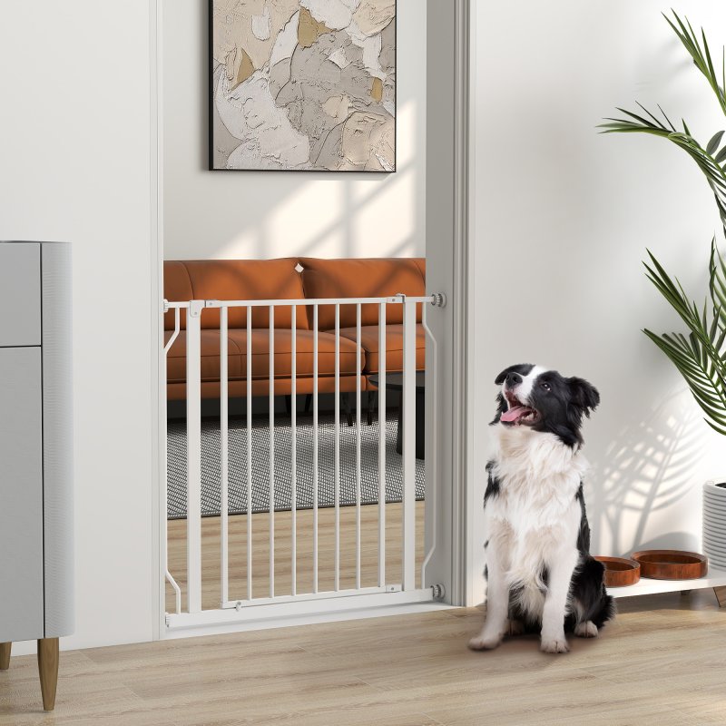 PawHut Dog Gate Wide Stair Gate w/ Door Pressure Fit Pets Barrier for Doorway, Hallway, 76H x 75-85W cm - White
