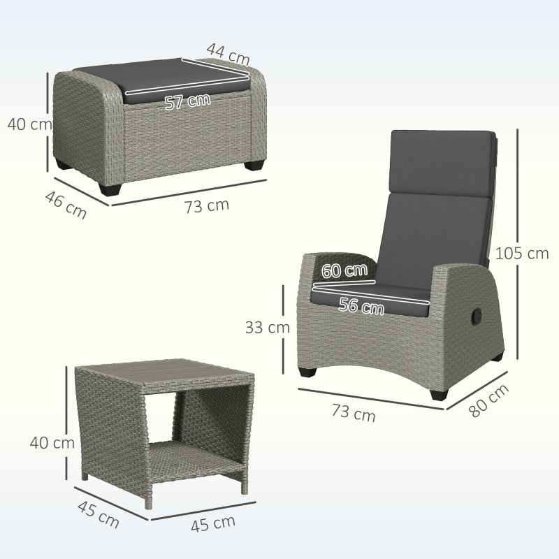 Outsunny 5 Pieces PE Rattan Garden Furniture Set, Wicker Outdoor Furniture Set with Reclining Chairs, Coffee Table, Footstools and Thick Cushions for Balcony, Patio, Charcoal Grey