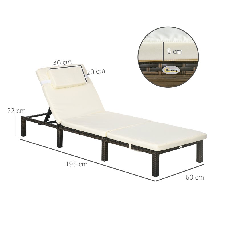 Outsunny Rattan Sun Lounger Set of 2, 5-Level Adjustable Garden Lounger Recliner with Cushion and Headrest, Outdoor Reclining Sunbed, Steel Frame Garden Chair for Patio, Beach, Terrace, Cream White