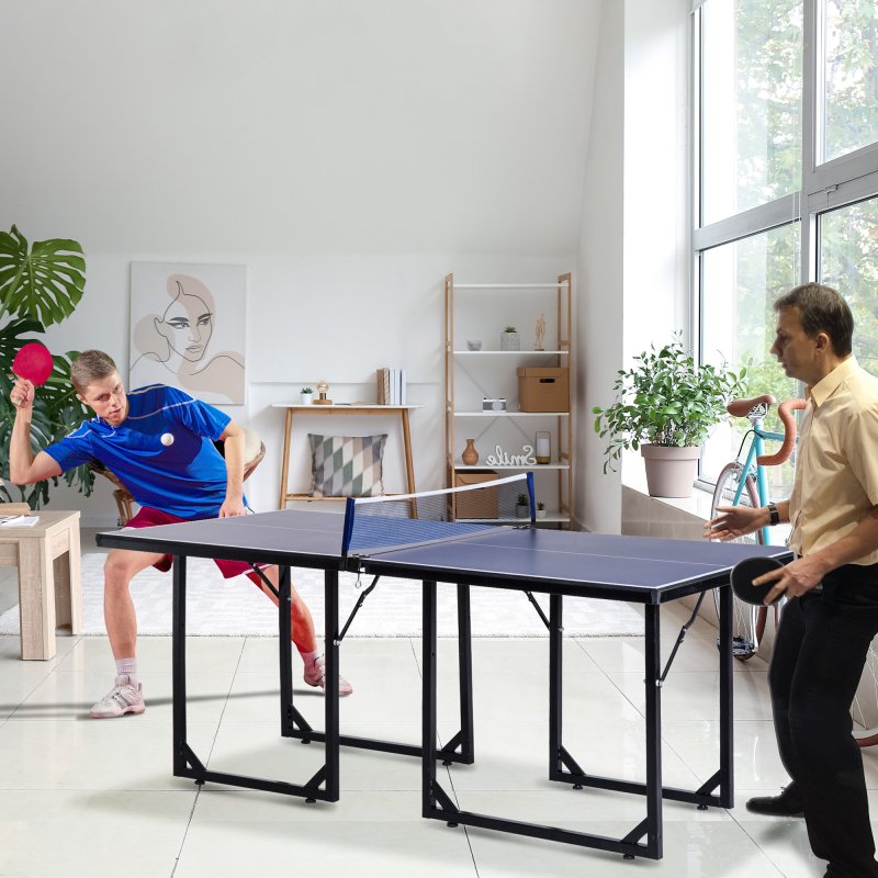 HOMCOM 6ft 182cm Mini Table Tennis Table Folding Ping Pong Table with Net Multi-Use Table for Indoor Outdoor Game, Blue